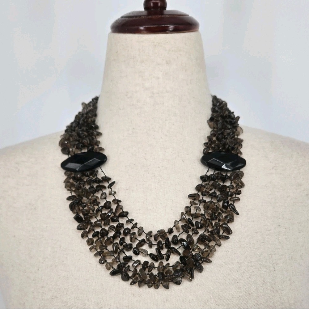 Smoky Quartz Chip Bib Necklace Multi Strand Brown Black Faceted Statement Choker
